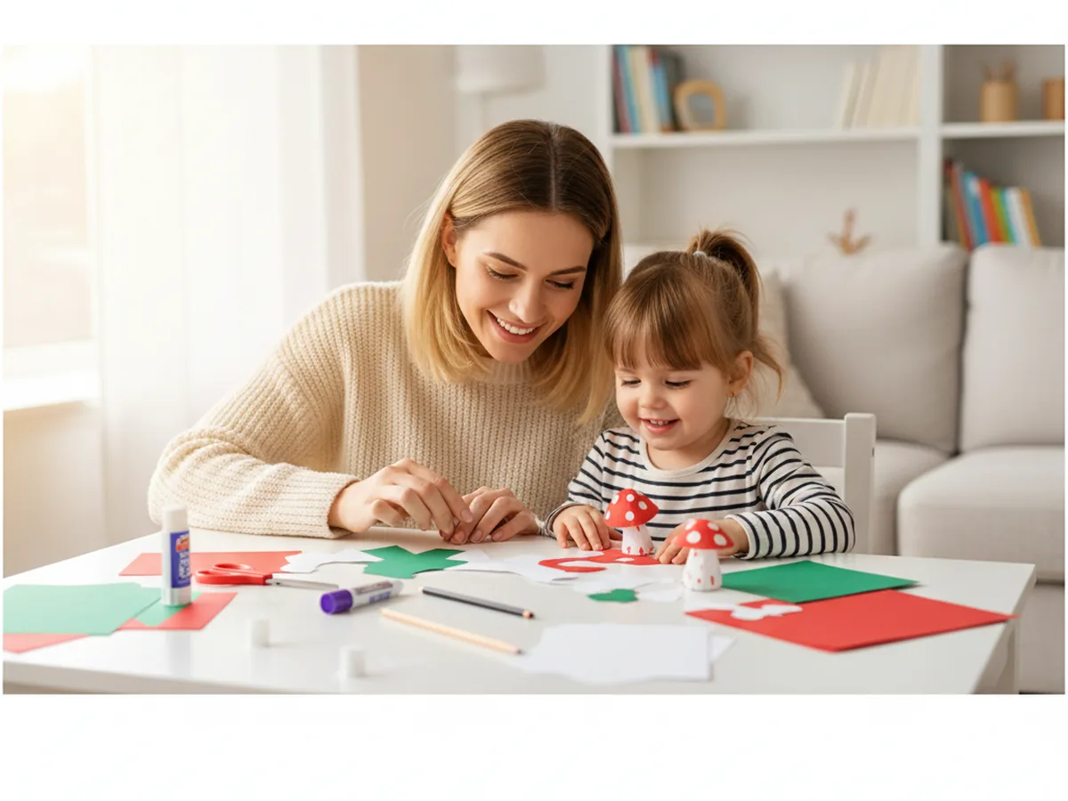 A young mom and her preschool aged daughter sitting at a white craft table with small stacks of red, white, and green construction paper, blunt tip kid scissors, a purple glue stick, and a fine white paint marker, getting ready to start a miniature paper craft of tiny mushrooms