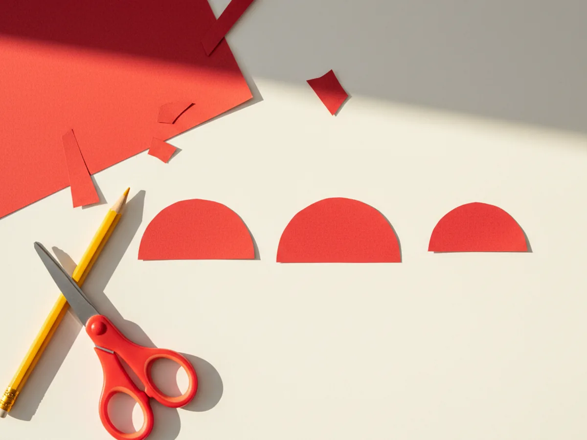Three tiny red construction paper mushroom cap dome shapes in small, medium, and large sizes just cut out by a child, lying on a white craft table with blunt tip kid scissors, a pencil, and small red paper scraps nearby