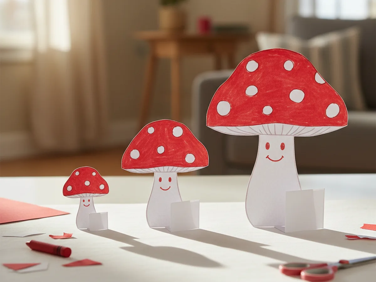 Three tiny paper toadstool mushrooms with red dotted caps and white smiling stems standing upright on a white craft table thanks to a small folded tab at the bottom of each stem, in small, medium, and large sizes side by side