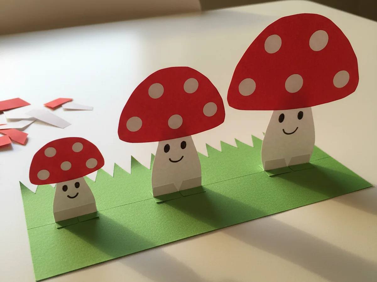 Finished miniature paper craft of three tiny standing toadstool mushrooms in small, medium, and large sizes with red caps covered in white dots, white stems with smiling faces, glued onto a long green paper grass base