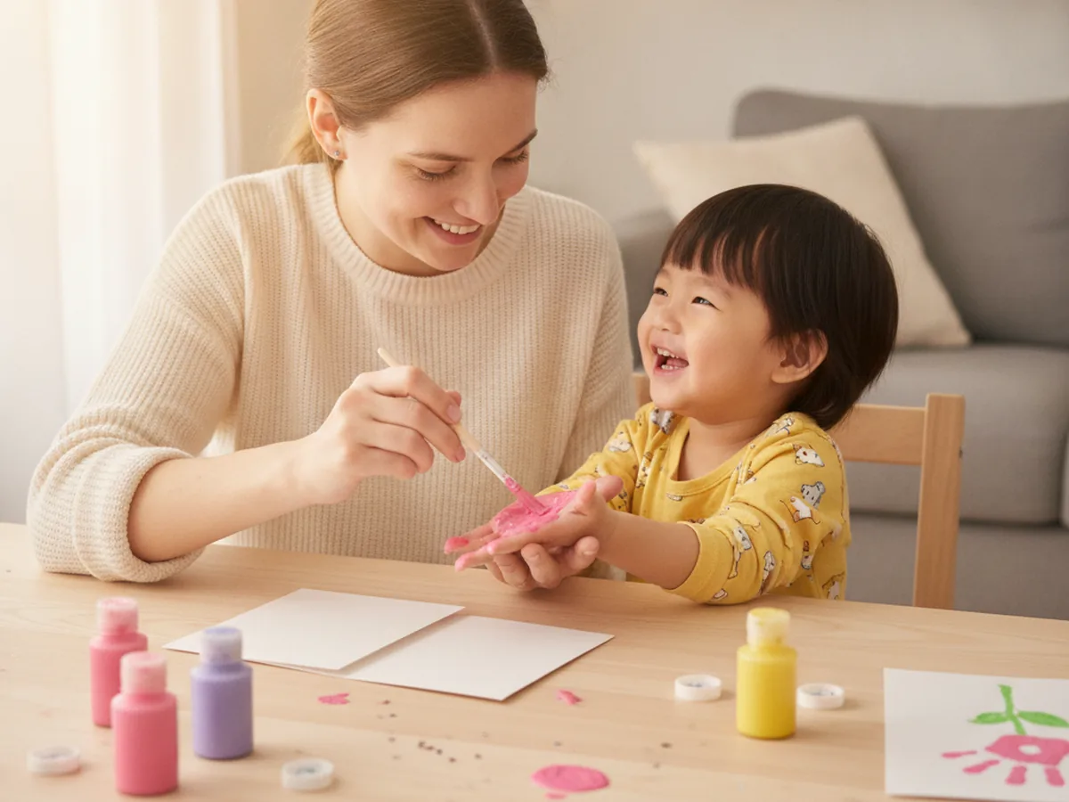 A mom and young child at a craft table painting the child's palm with pink washable paint to make a Mother's Day handprint flower card