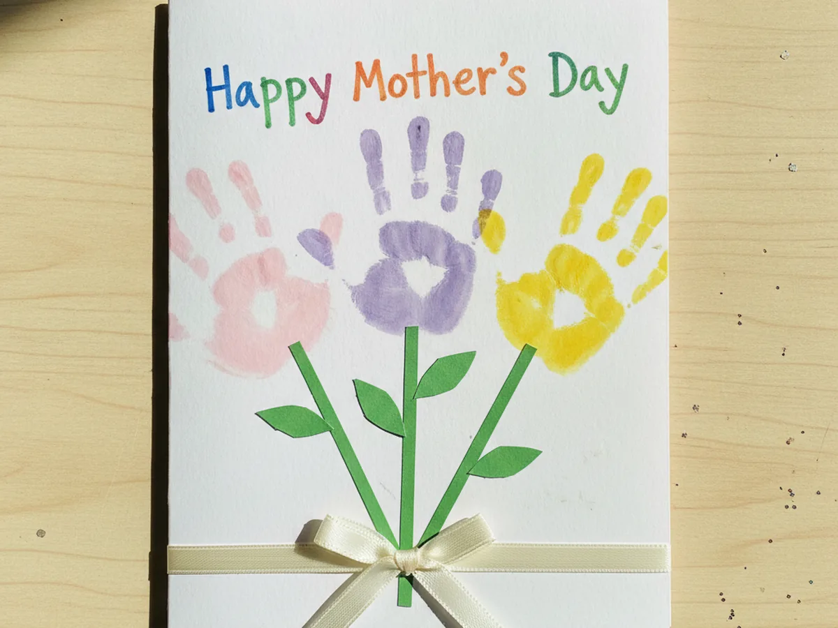 Finished Mother's Day handprint craft card with three handprint flowers in pink, purple, and yellow, green paper stems, and a ribbon bow with a Happy Mother's Day message