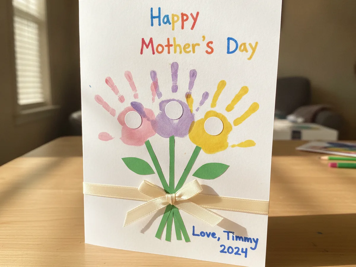 Finished Mother's Day handprint craft card with three handprint flowers, green stems tied with a ribbon bow, and a Happy Mother's Day message in marker