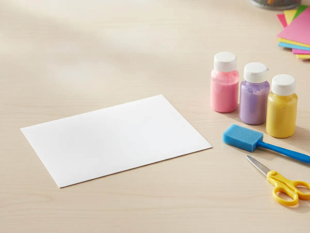 A sheet of white cardstock folded in half into a blank card base on a light wood craft table next to paint and a foam brush