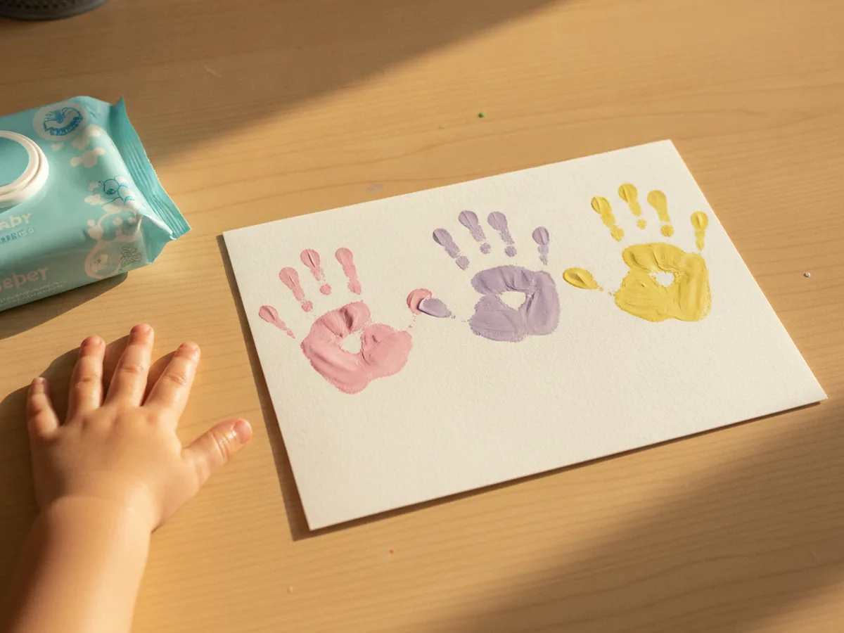 Three handprint flowers in pink, purple, and yellow drying on a white folded card next to baby wipes and a clean child's hand