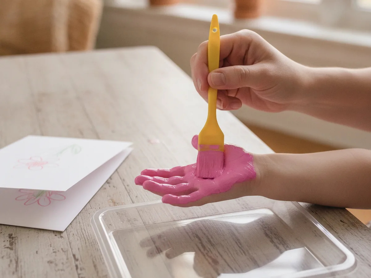 A foam brush spreading a thin layer of pink washable paint across a young child's open palm for a Mother's Day handprint flower