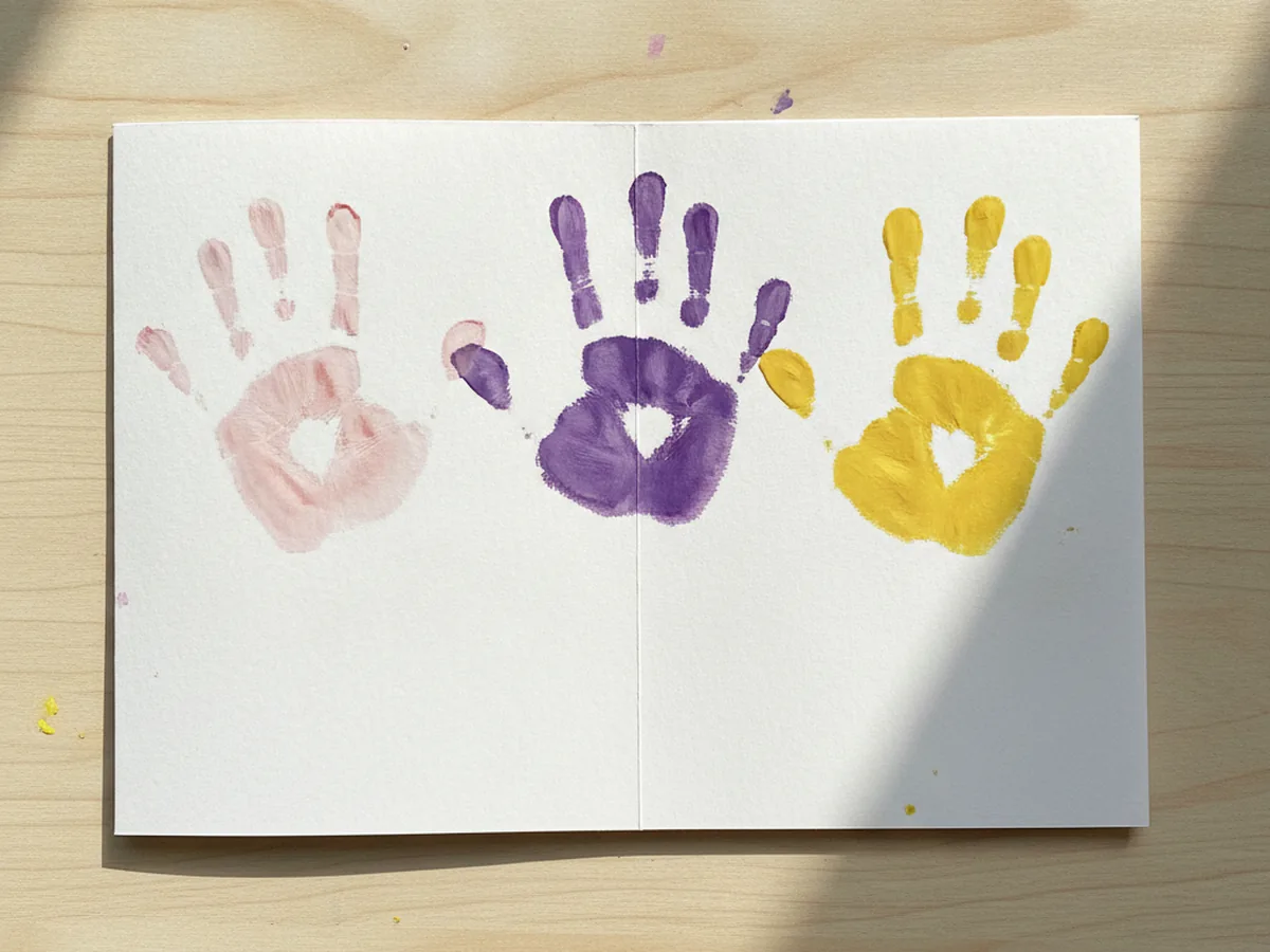 Three handprint flowers in pink, purple, and yellow pressed in a row across the top of a white folded card with fingers pointing up