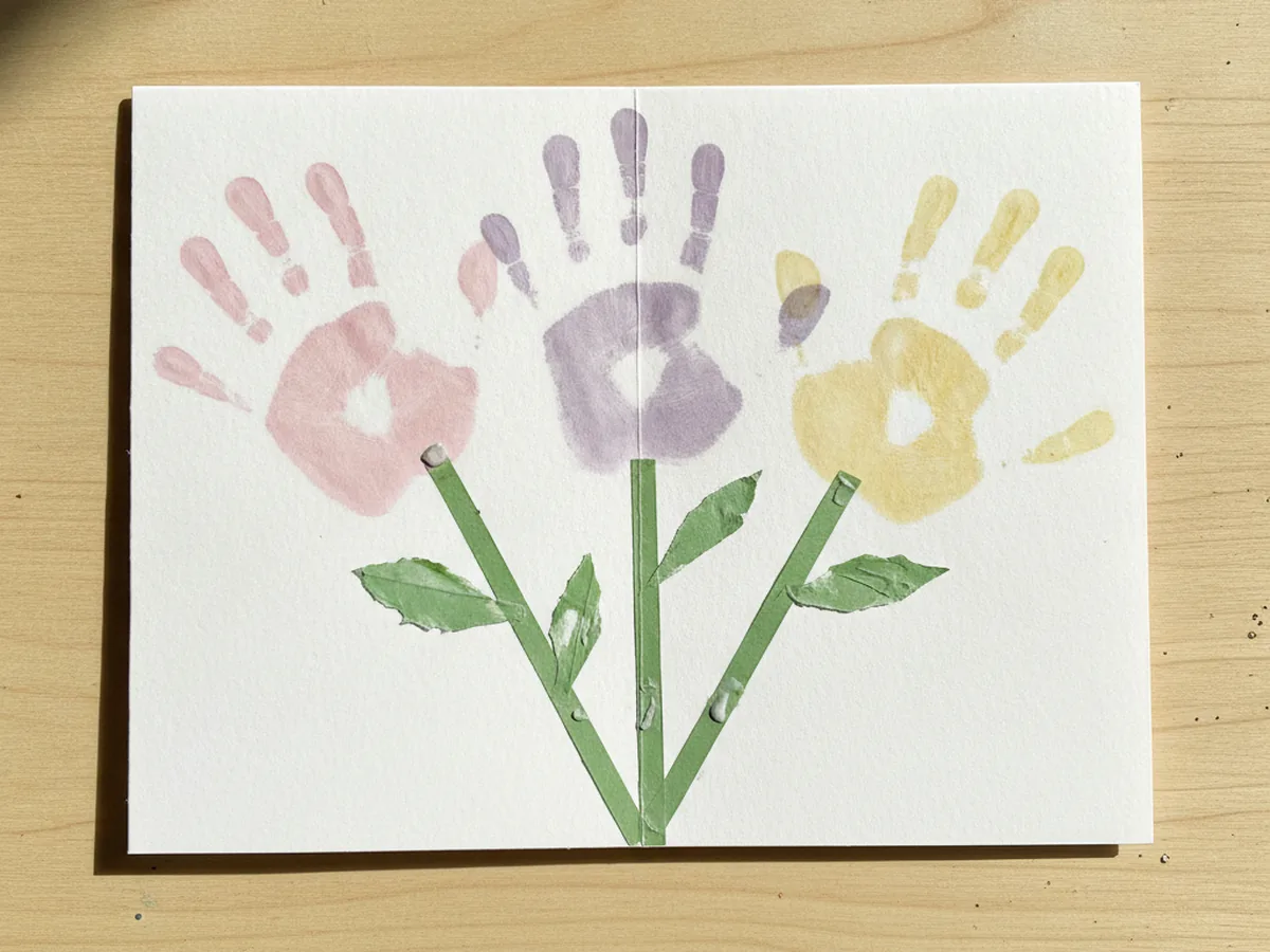 Green paper stems and small leaves glued under three handprint flowers, gathering into a bouquet shape on a white card