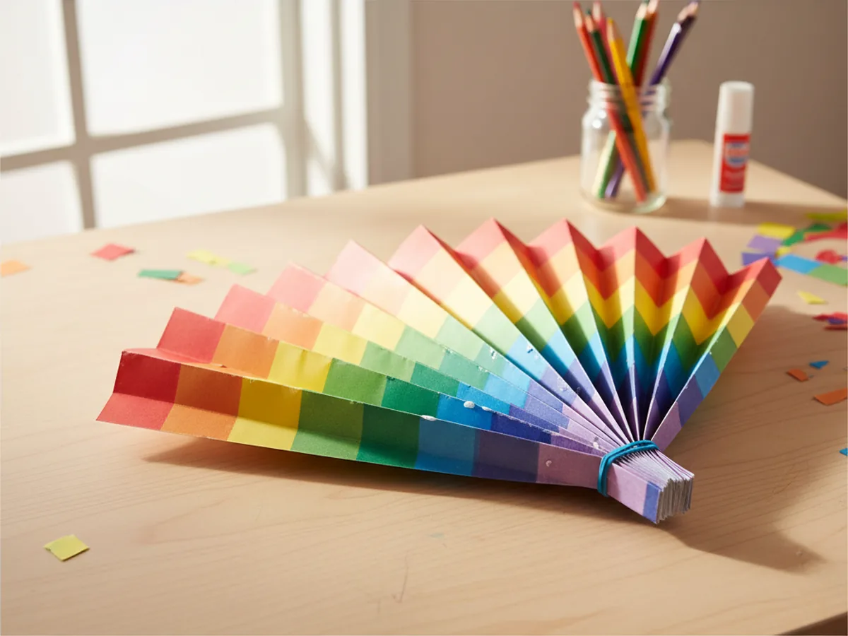 A handmade accordion-folded paper fan made from rainbow construction paper on a light wood craft table