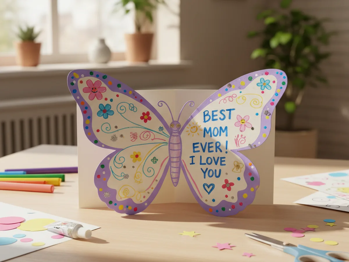 A handmade paper butterfly card open on a craft table showing two decorated wings with colorful dot and flower patterns