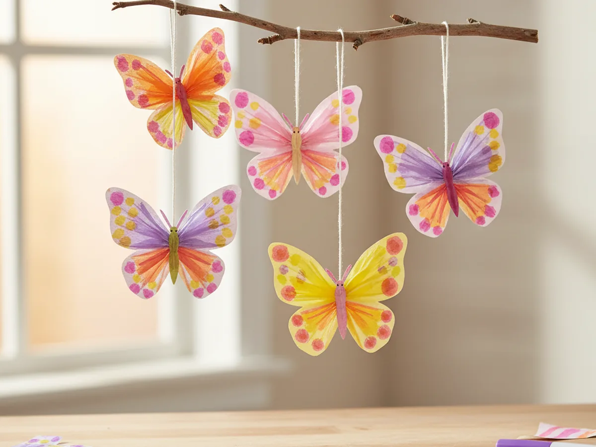 A handmade paper butterfly mobile with colorful tissue paper butterflies hanging from strings on a small wooden twig