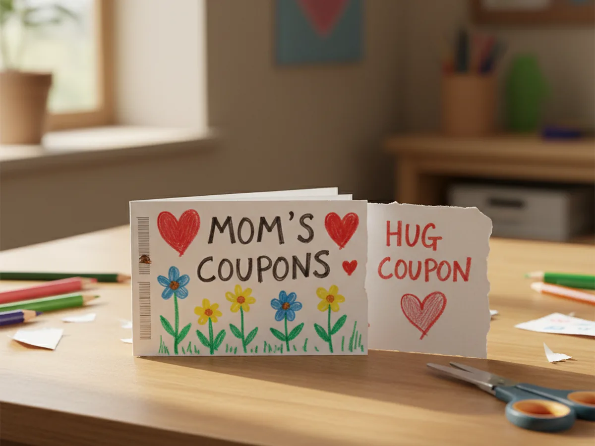 A handmade paper coupon book for Mom with a decorated flower cover and handwritten coupon pages stapled together on a craft table