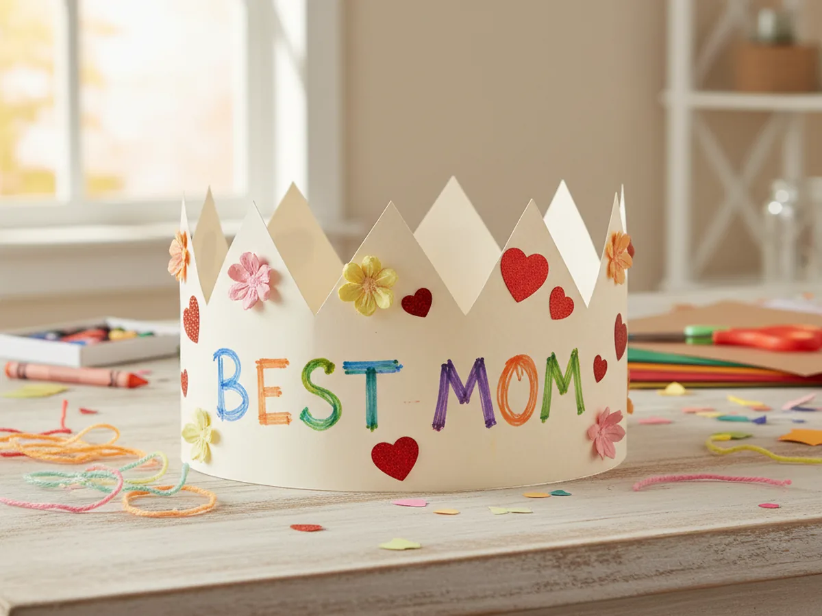 A handmade paper crown for Mom decorated with paper flowers and the words Best Mom written in colorful markers
