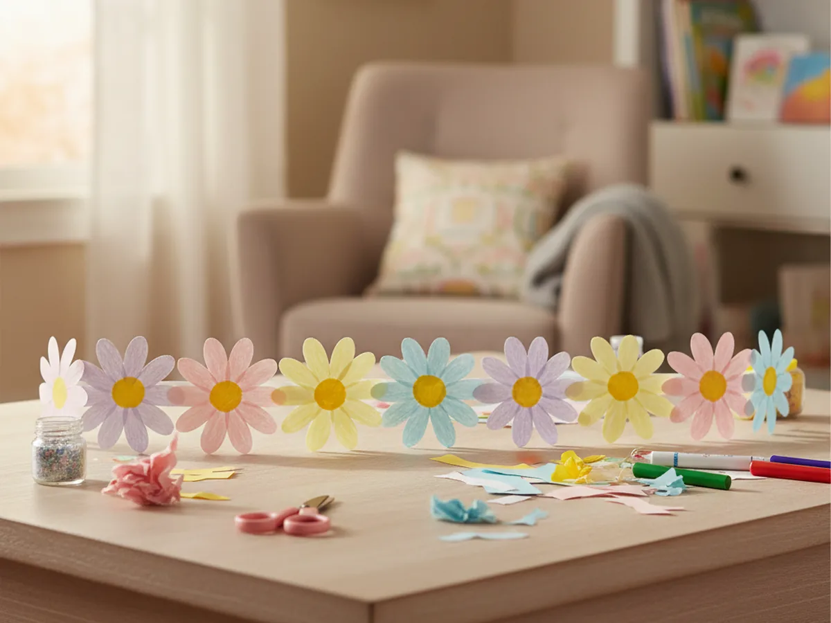 A handmade paper daisy chain garland with connected white daisy shapes colored in different pastel shades on a craft table