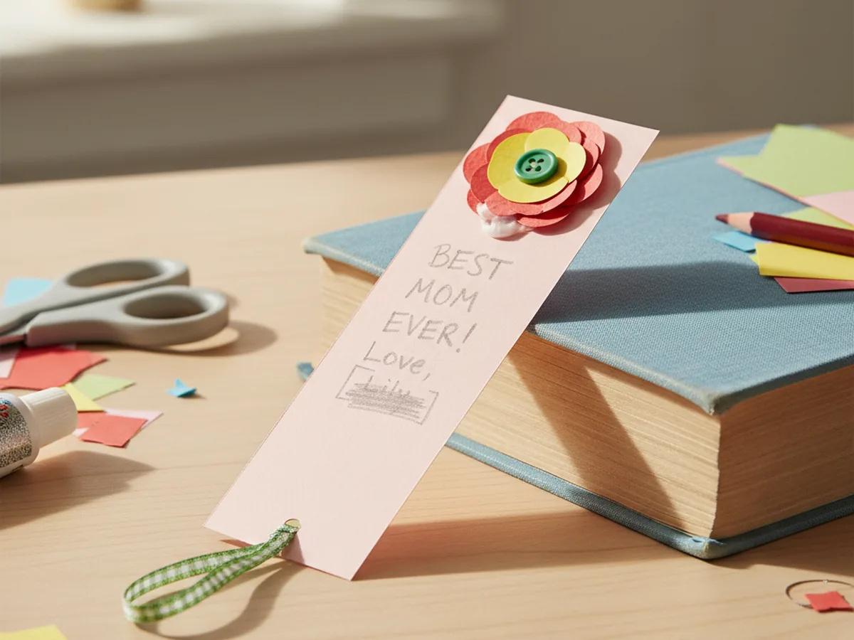 A handmade paper bookmark with a small layered paper flower glued at the top, lying on an open book on a craft table