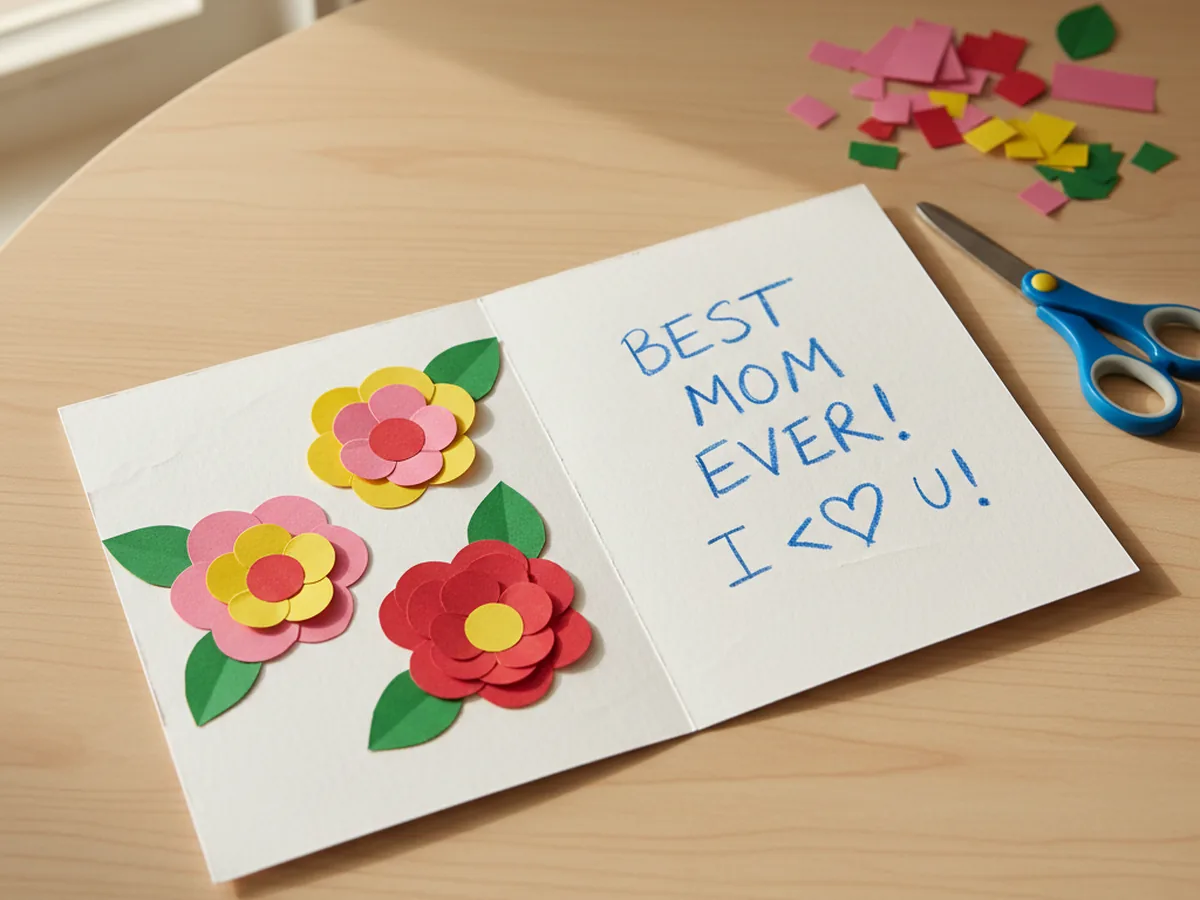 Handmade paper flower card with layered pink and yellow paper flowers glued onto a folded card on a craft table