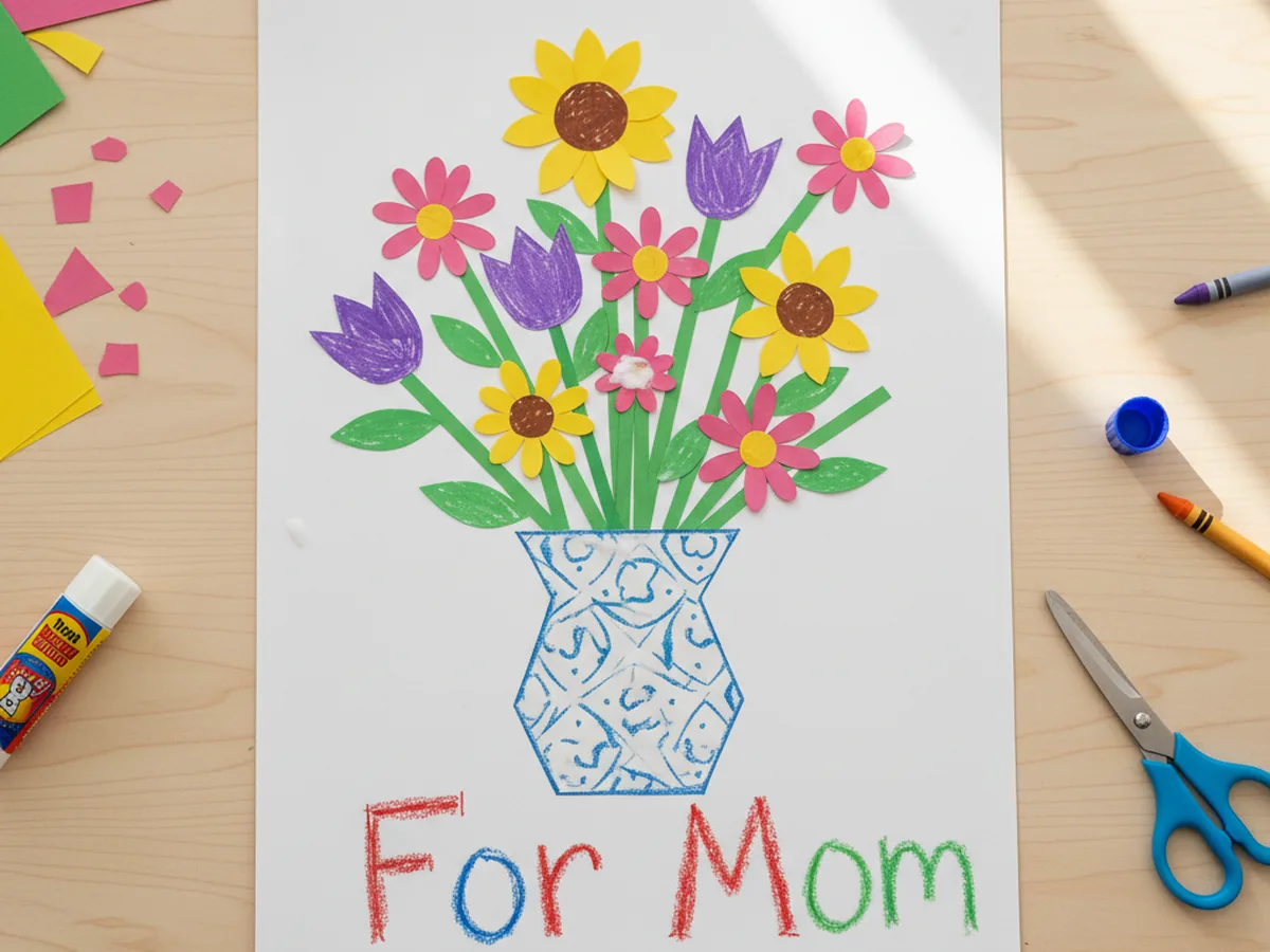 A handmade paper flower vase scene with a colorful paper vase shape filled with paper flowers and green stems on a large white paper background