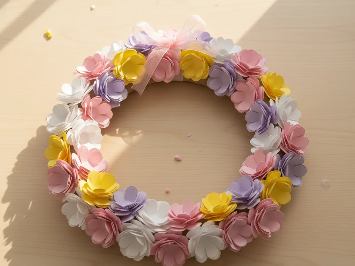 A handmade paper flower wreath covered in small colorful paper flowers in pink, yellow, and purple on a light craft table