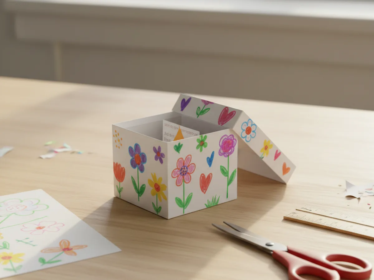 A small handmade cardstock gift box decorated with flower and heart drawings, sitting on a craft table next to scissors and paper scraps