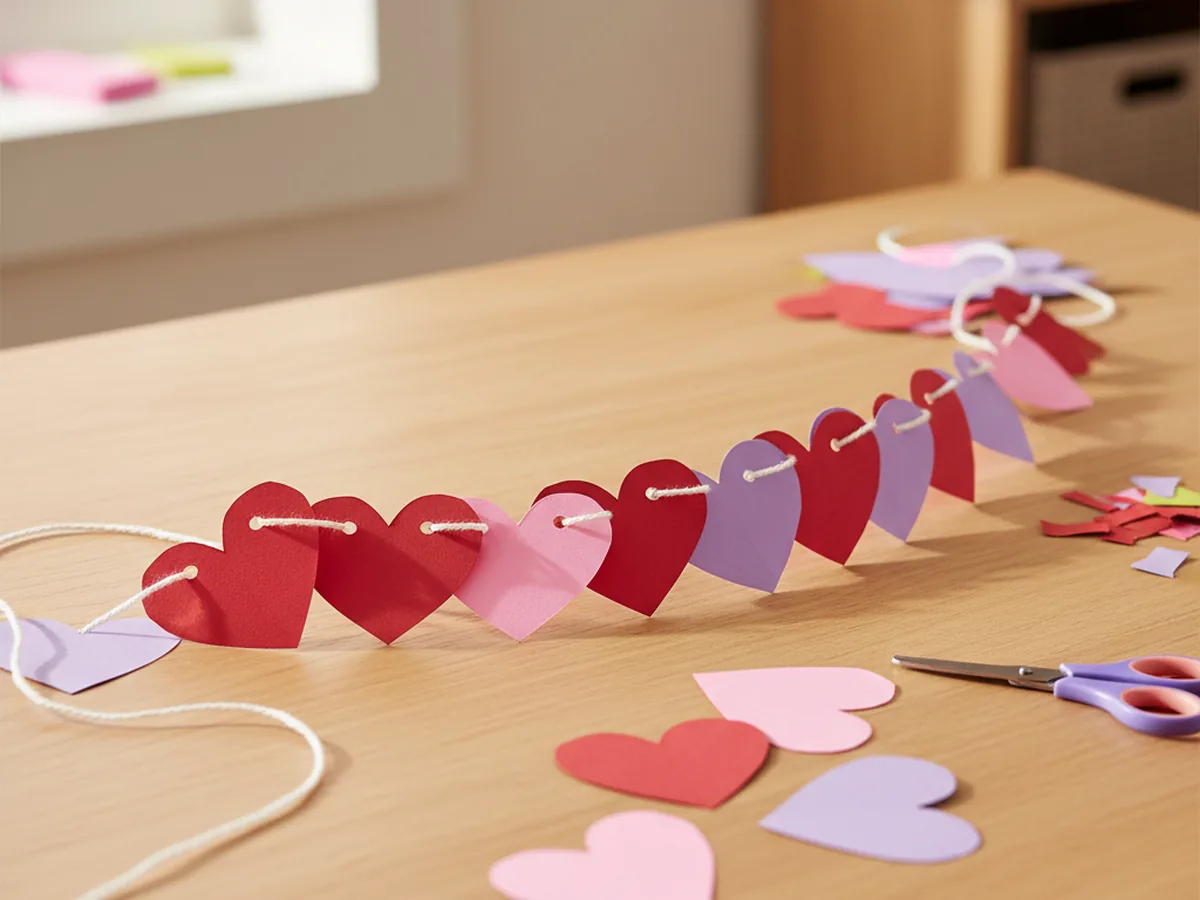 A colorful paper heart garland made from pink, red, and purple construction paper hearts threaded on string