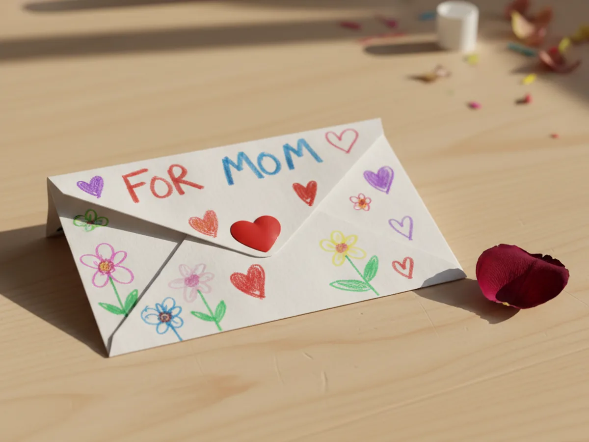 A handmade paper love letter folded into an envelope shape and sealed with a heart sticker, decorated with colorful marker drawings