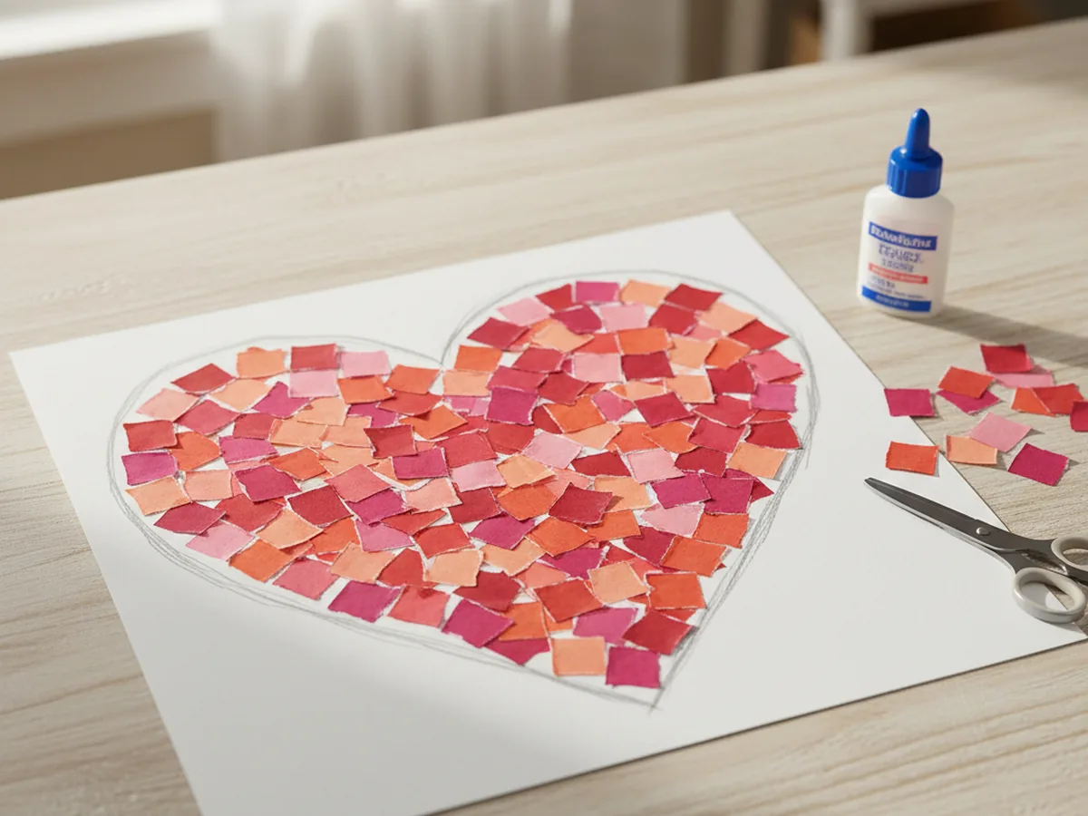 A handmade paper mosaic heart filled with small colorful paper squares in pink, red, orange, and purple on a white background