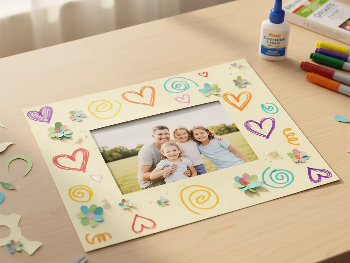 A handmade cardstock photo frame decorated with paper flowers and hearts, holding a small printed family photo on a craft table