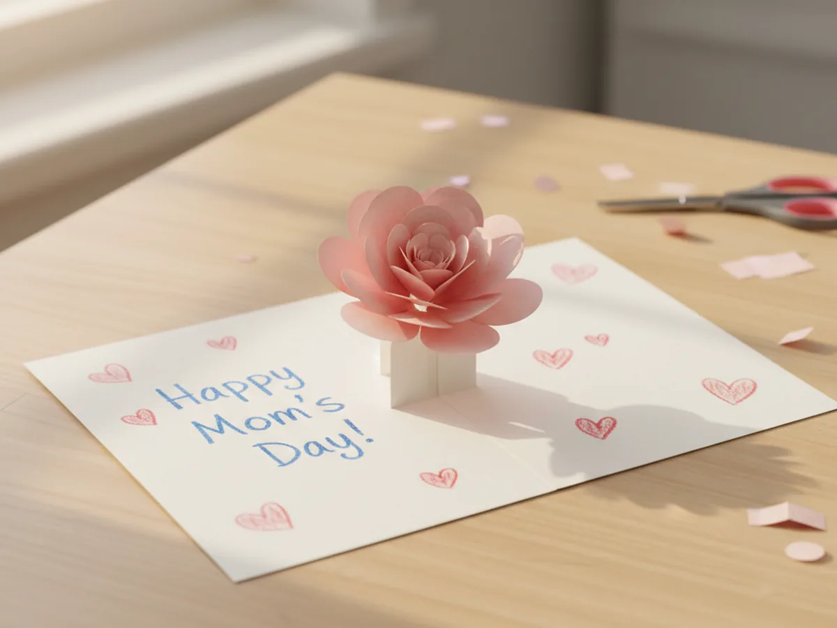 A handmade paper pop-up flower card open on a craft table showing a colorful 3D paper flower popping up from the center fold