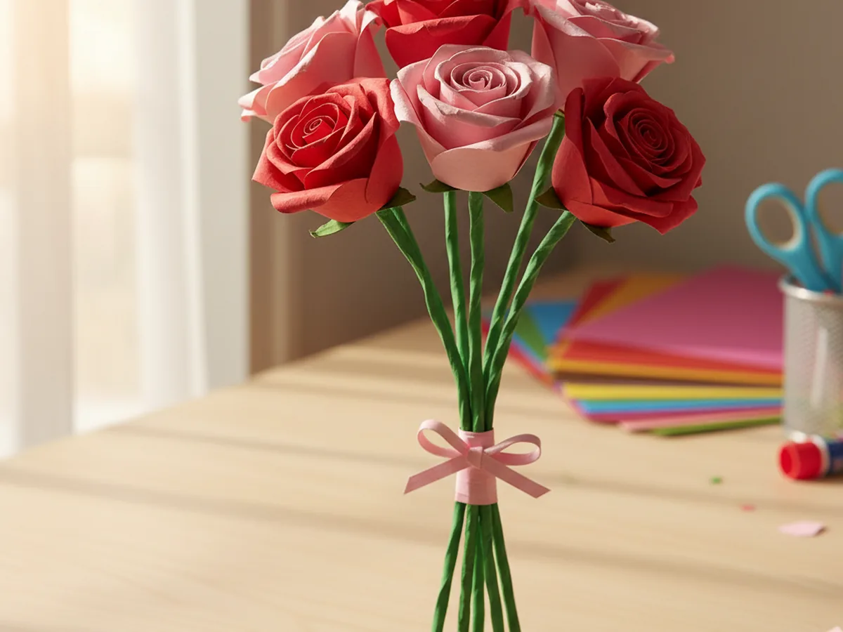 A handmade paper rose bouquet with rolled red and pink paper roses on green paper stems bundled together on a craft table