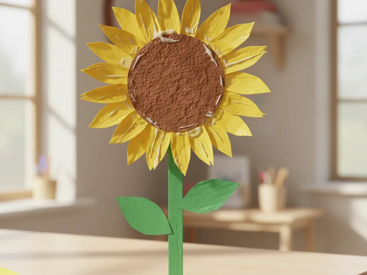 A handmade paper sunflower with yellow construction paper petals around a brown circle center and a green paper stem on a craft table