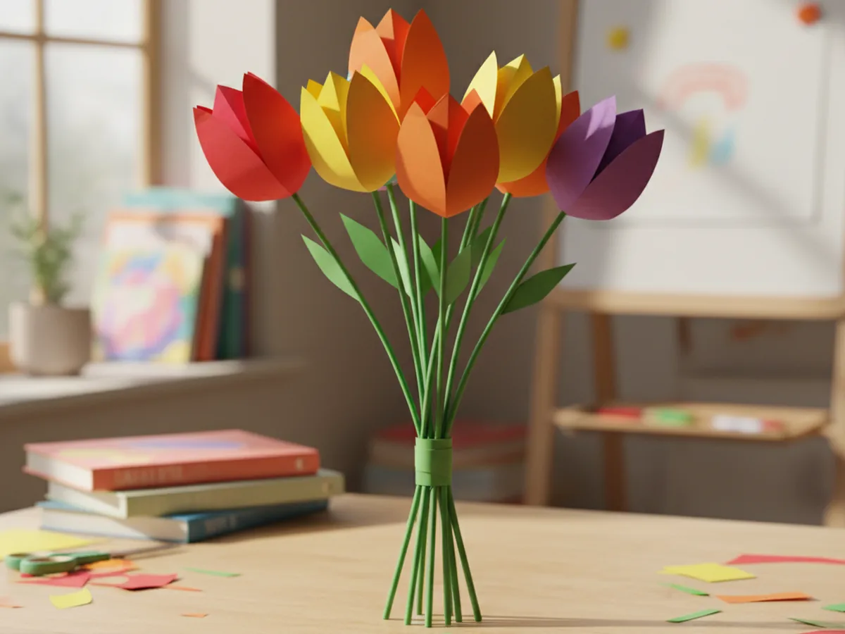A handmade paper tulip bouquet with colorful paper tulip shapes on green paper stems bundled together with a ribbon