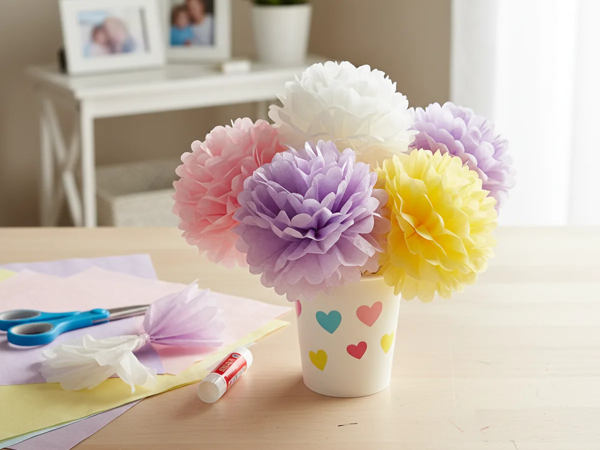 A handmade tissue paper pom-pom bouquet in pink, purple, and yellow arranged in a small paper cup on a light wood surface