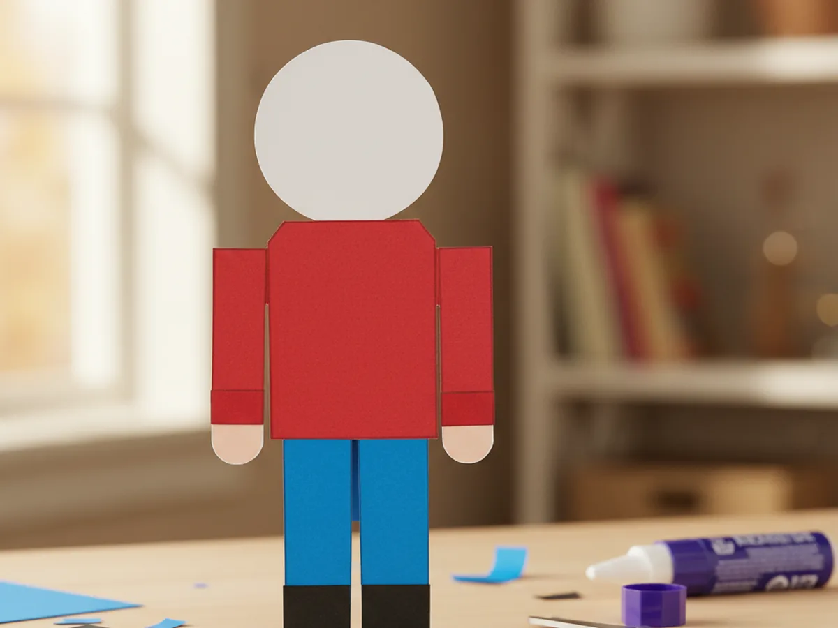 A nutcracker paper craft in progress with a red jacket on top and a new blue construction paper rectangle for pants and two small black paper boots glued below it on a white cardstock body on a light wood craft table