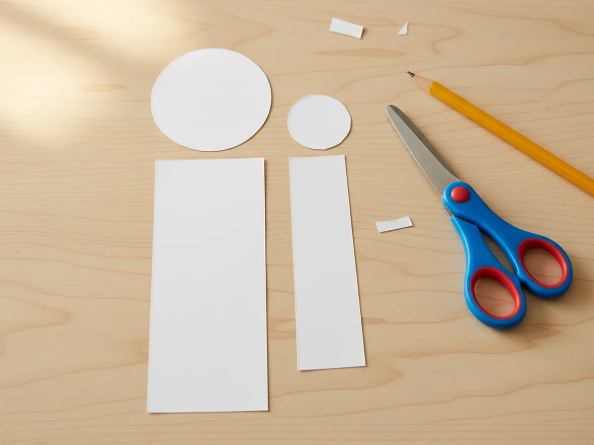 A white cardstock rectangle for the nutcracker body and a smaller round white circle for the head laid side by side on a light wood craft table with kid safety scissors and a pencil nearby