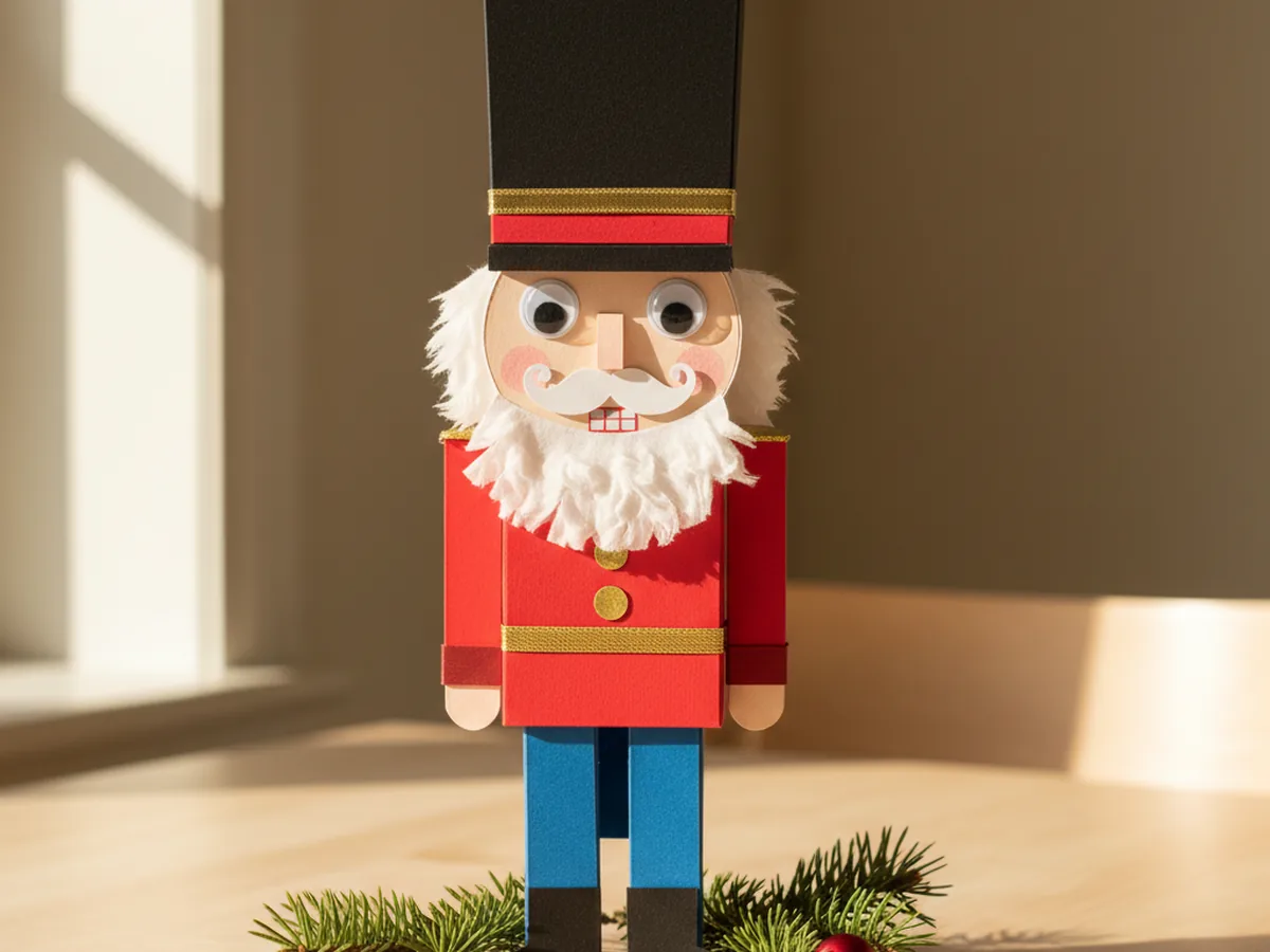 The finished nutcracker paper craft with a tall black hat with a gold trim band, white face with beard mustache and googly eyes, red jacket with three shiny gold buttons down the front and a gold belt at the waist, blue pants, and black boots displayed standing on a light wood craft table