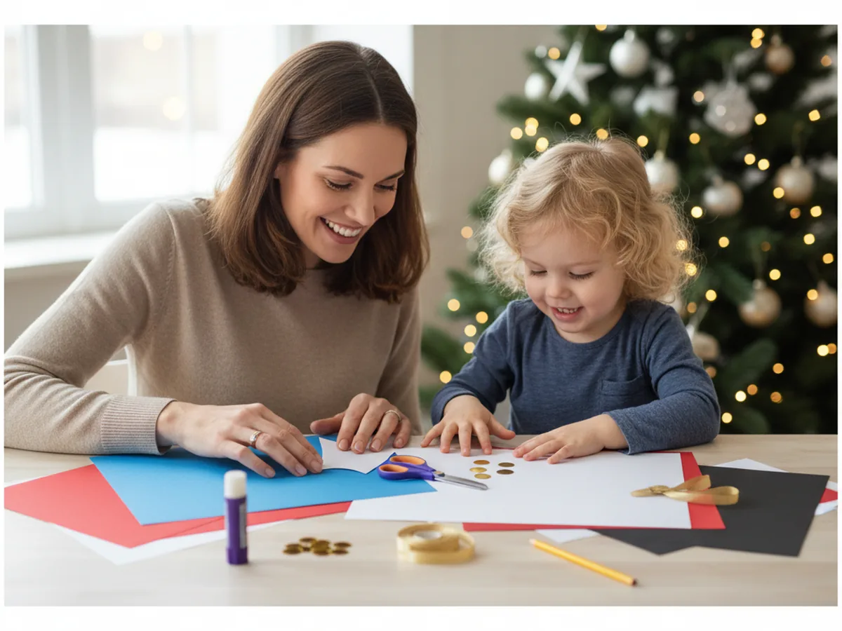 A mom and a young child sitting at a light wood craft table together with sheets of red, blue, white, and black construction paper, kid safety scissors, a glue stick, and small gold paper circles ready to make a nutcracker paper craft