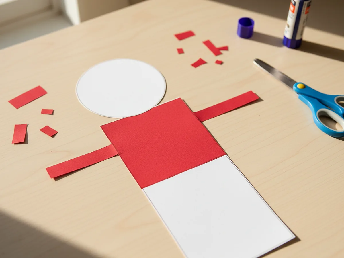 A nutcracker paper craft in progress with a bright red construction paper jacket and two red sleeve strips glued onto a white cardstock body base on a light wood craft table with red paper scraps nearby