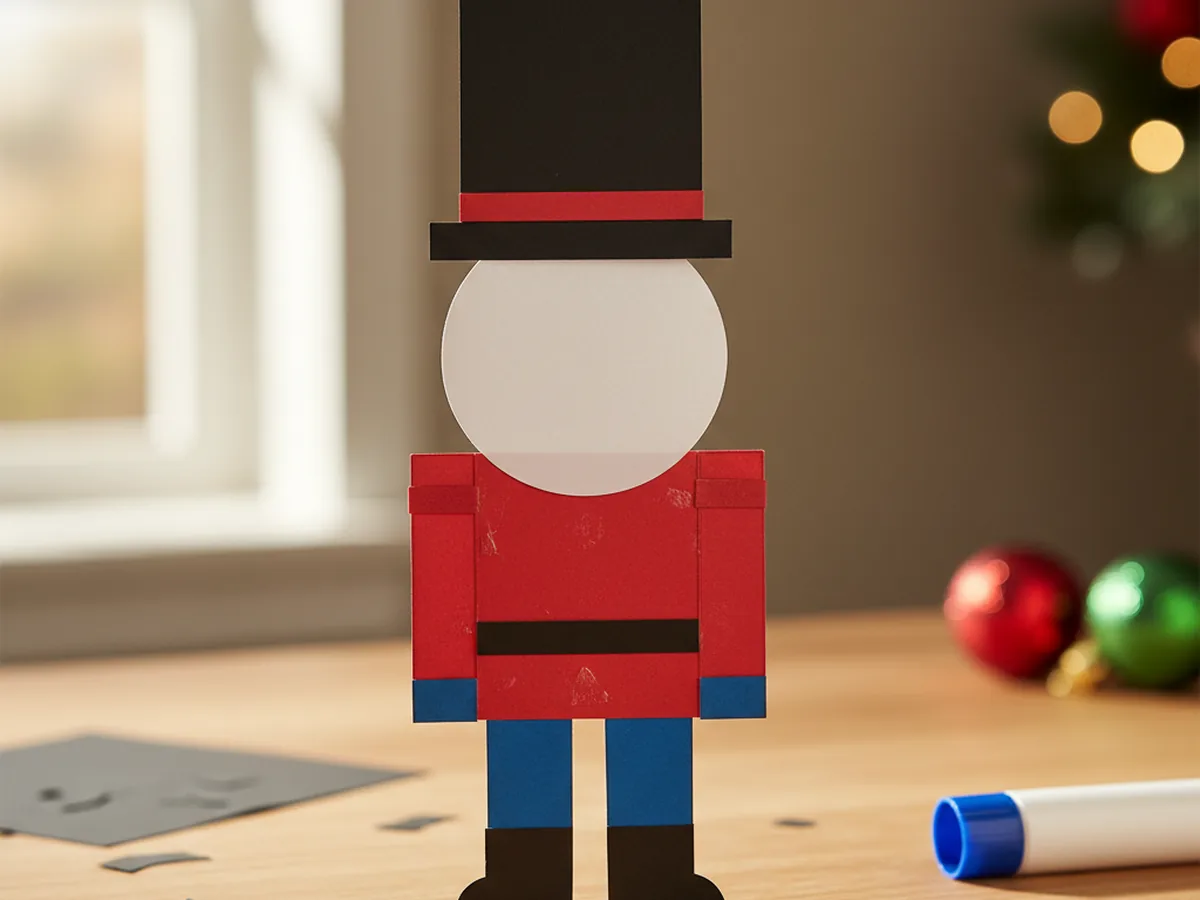 A nutcracker paper craft with a tall black rectangular hat with a red band glued directly above the round white head, sitting on top of a red jacket with sleeves and blue pants and black boots on a light wood craft table