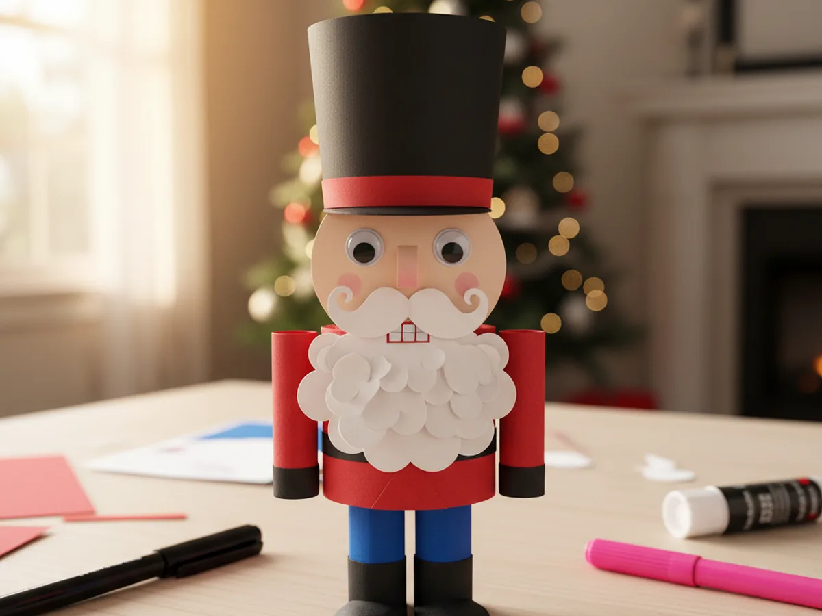 A nutcracker paper craft with a fluffy white paper beard, small white mustache, two googly eyes, drawn black mouth, and rosy pink cheeks added onto the round white face, with the tall black hat above and red jacket below on a light wood craft table