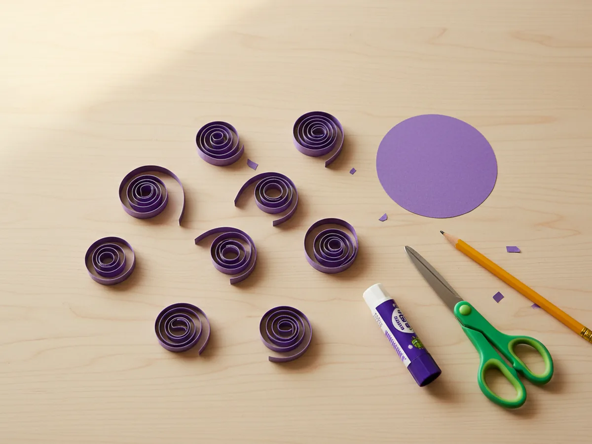 Eight curled purple paper tentacle strips arranged on a craft table next to a pencil, showing the spiral coils after being wrapped and released