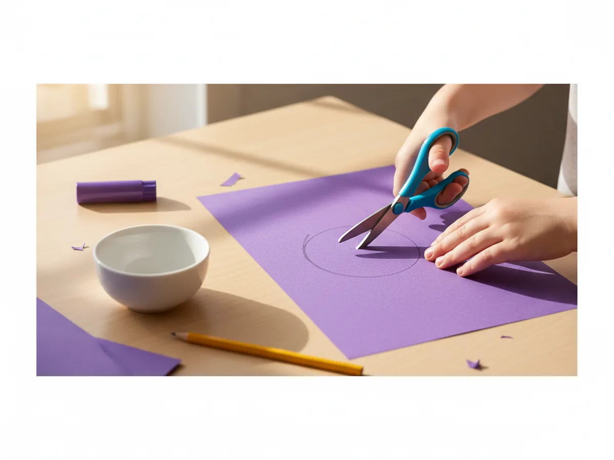 A child's hands cutting a large round purple head shape from purple construction paper with kid-safe scissors on a light wood craft table