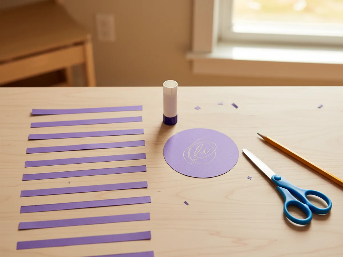 Eight long thin purple paper strips laid out on a craft table next to a round purple paper head shape, with scissors and a pencil nearby