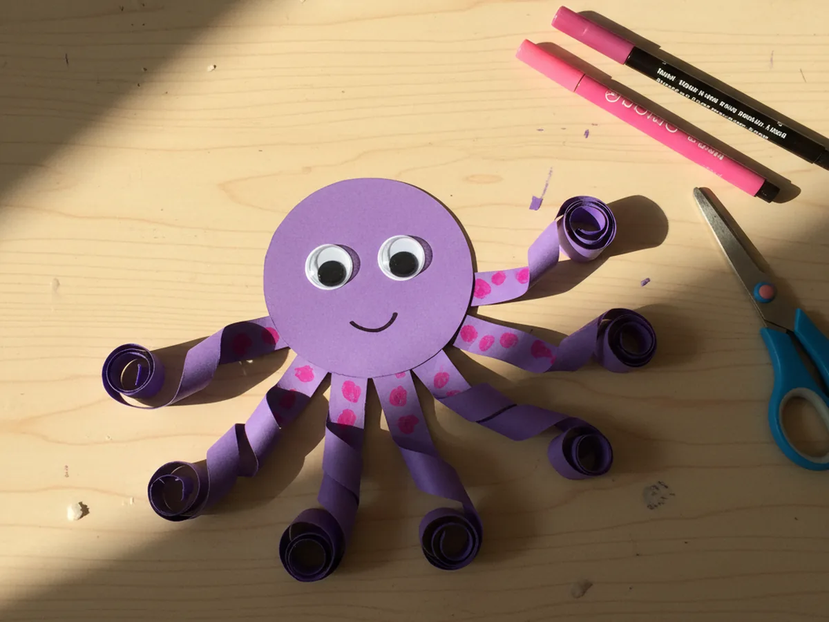 The completed octopus paper craft with two googly eyes, a small black smile, and tiny pink suction cup dots along the eight curled purple tentacles, photographed on a light wood craft table