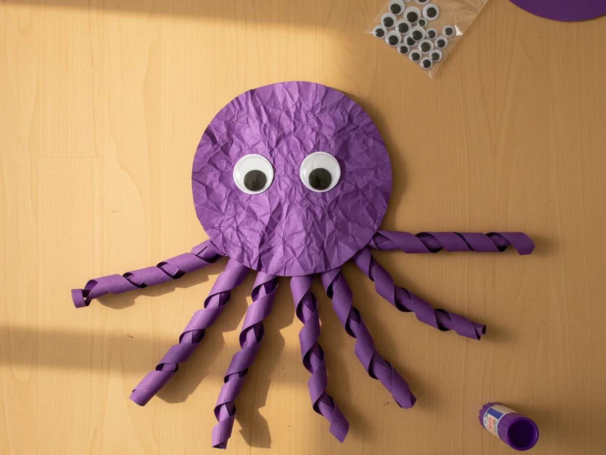 A purple paper octopus with two large googly eyes stuck onto the front of the head, with eight curled purple tentacles fanning out underneath on a light wood craft table