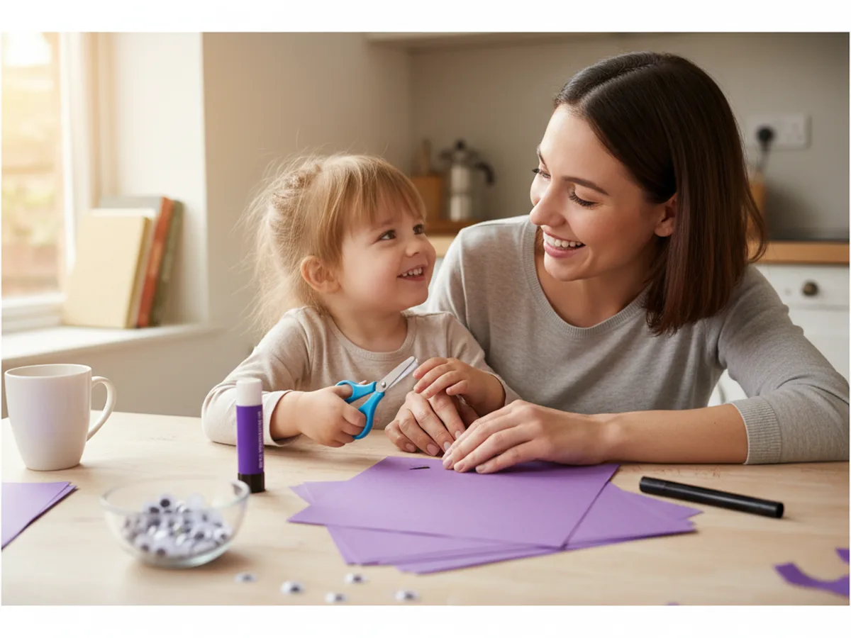 A mom and young child sitting together at a craft table with purple construction paper, scissors, a glue stick, and googly eyes ready to make an octopus paper craft