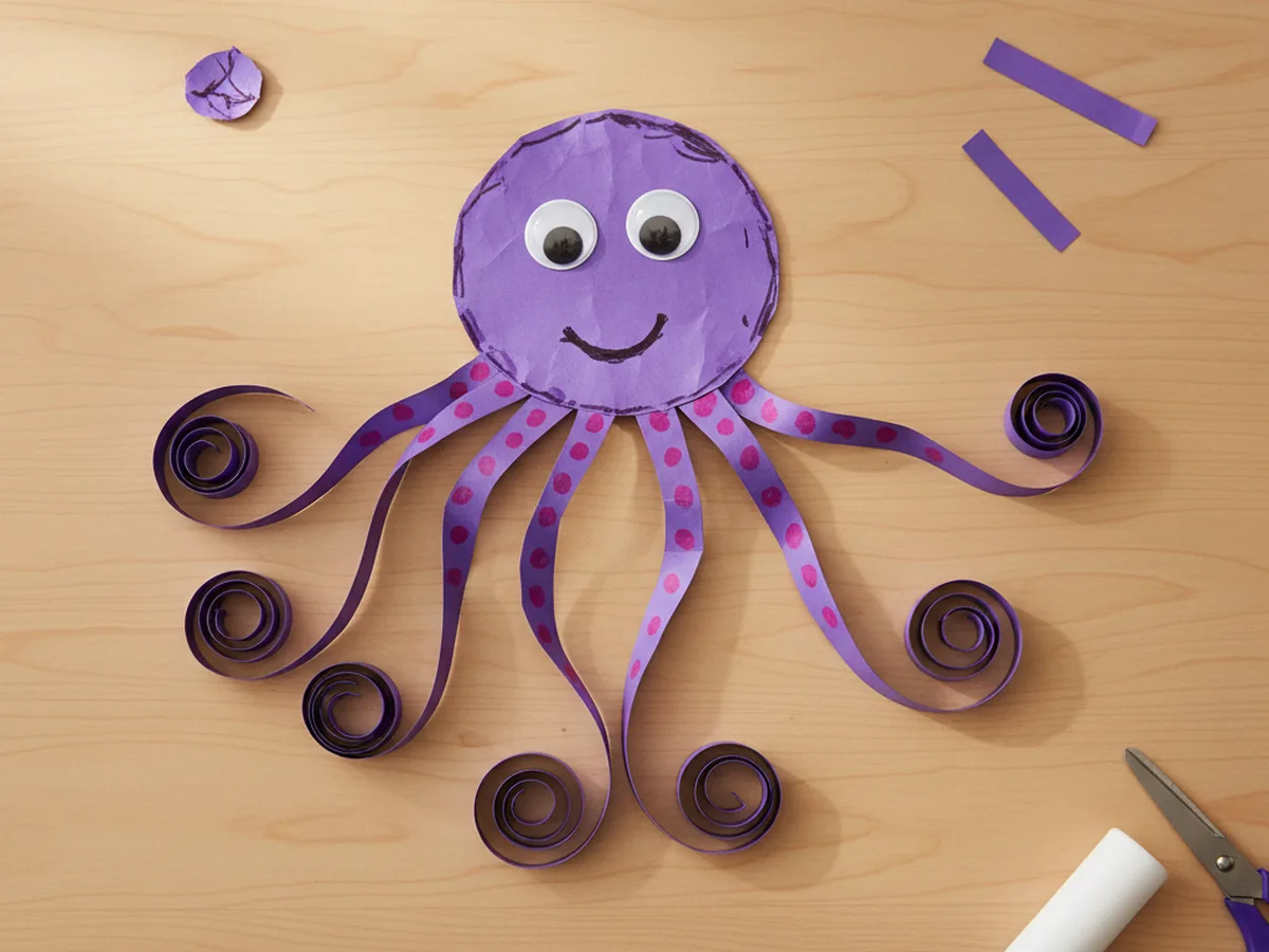 Finished octopus paper craft made from purple construction paper with a round head, eight curled tentacles fanning outward, two googly eyes, a small smile, and tiny pink suction cup dots along the tentacles on a light wood craft table