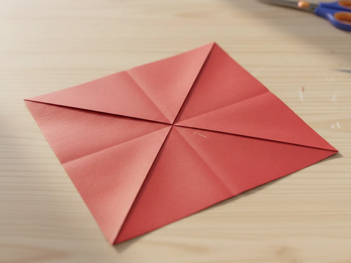 Square origami paper with two visible diagonal fold crease lines forming an X pattern, flat on a craft table