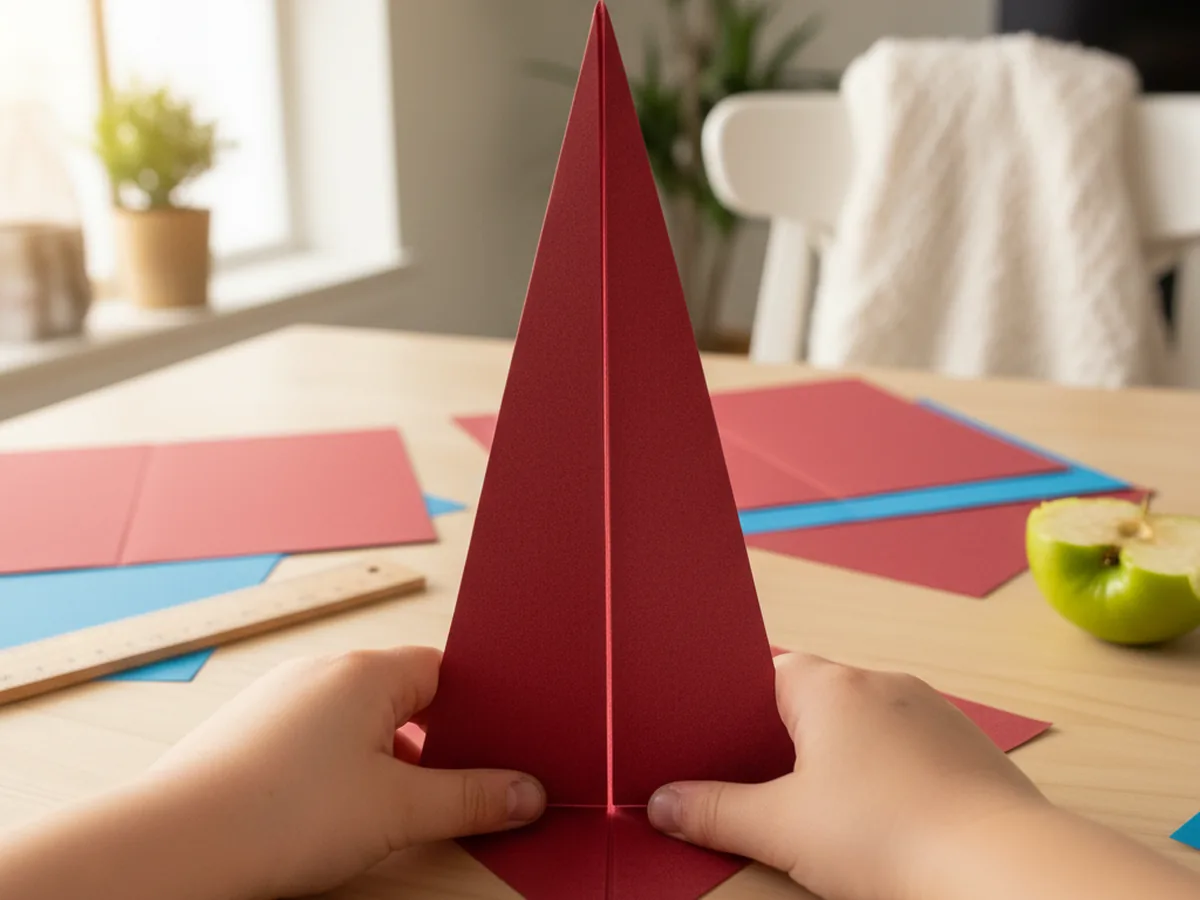 Origami paper folded into a narrow diamond shape with edges meeting at the center crease, on a craft table