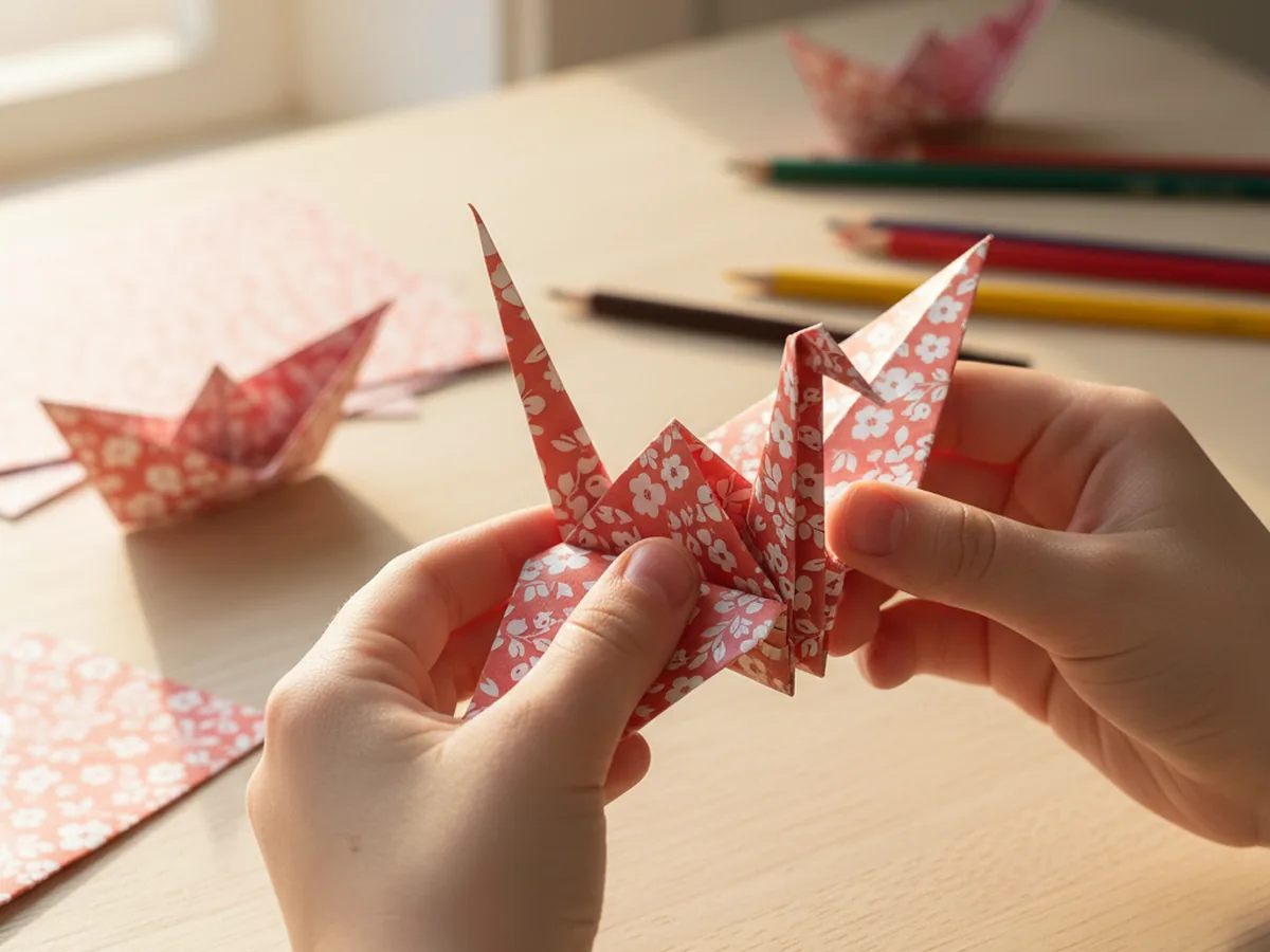 Finished origami paper crane with wings spread open, body puffed out, held up gently by a child's hands