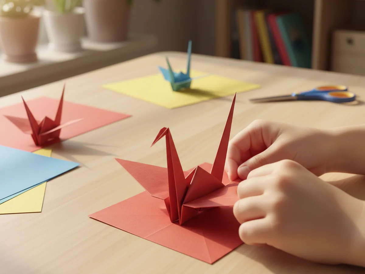 Origami crane shape with neck folded outward at an angle on one side and straight tail on the other, before opening wings